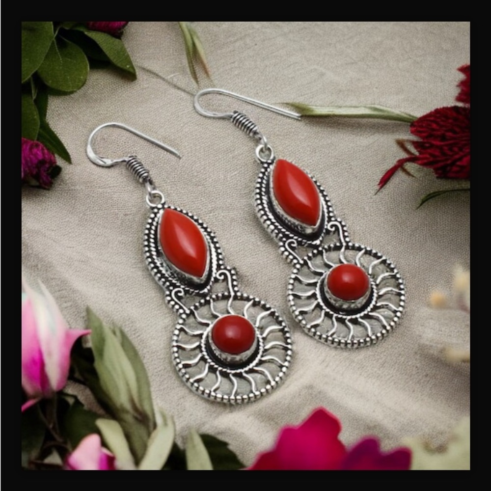 Coral Red Handcrafted Drop Dangle Hook Style Earrings Jewelry 2.16" L New W Tags